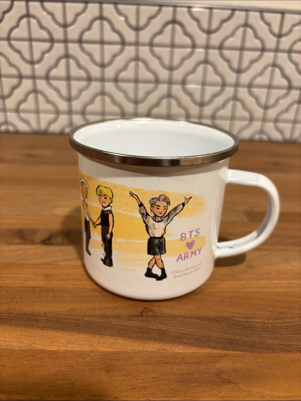 BTS ARMY White Enamel Camp Mug with Gold Rim